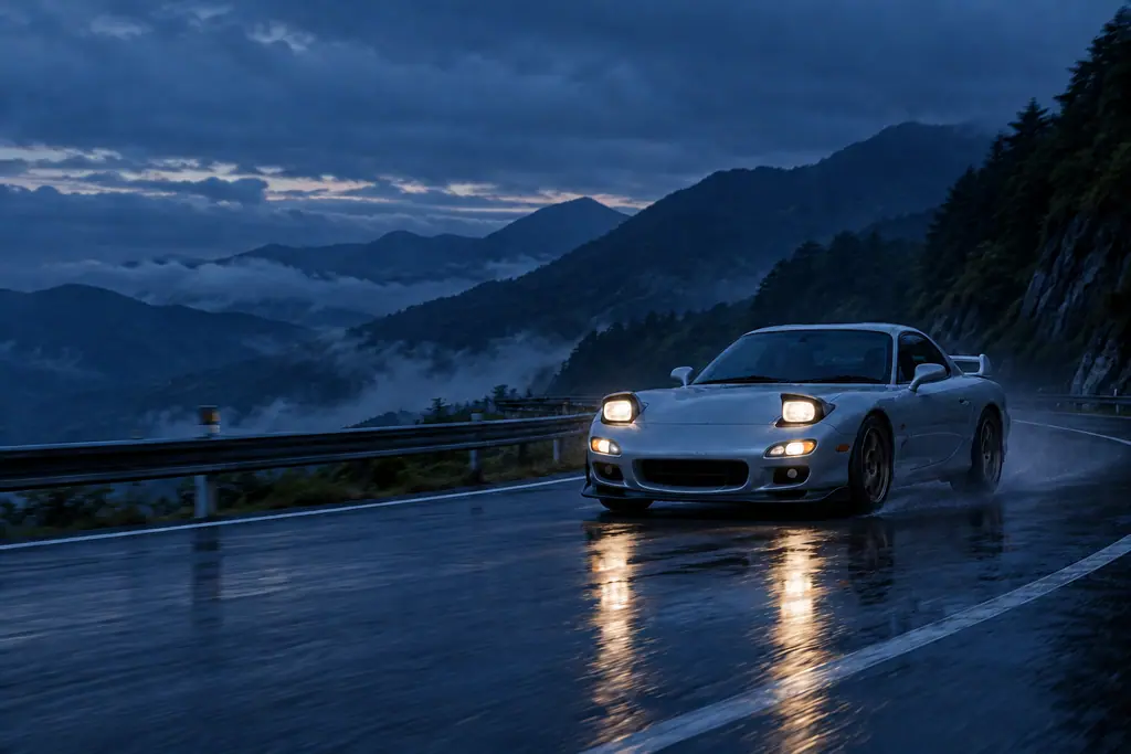 Mazda RX-7 FD3S au bord d’une route de montagne, cadrée à droite sous une lumière bleue de fin de journée.