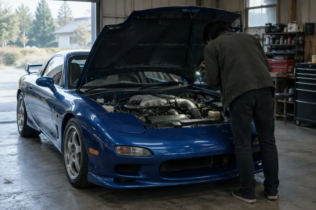 Inspection du moteur d’une Mazda RX-7 FD3S dans un garage, capot ouvert.