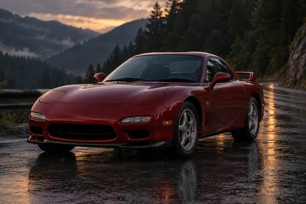 Mazda RX-7 FD3S rouge en vue avant trois quarts sur une route de montagne mouillée au crépuscule.