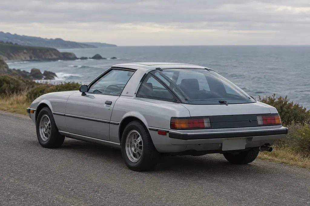 Mazda RX-7 SA22C argentée, vue arrière trois-quarts sur une route côtière.