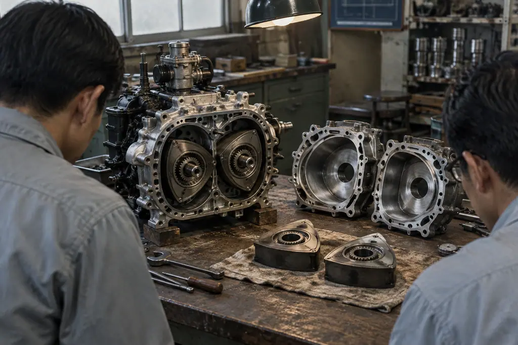 Des ingénieurs étudient un moteur rotatif Mazda 10A démonté dans un laboratoire des années 1960.