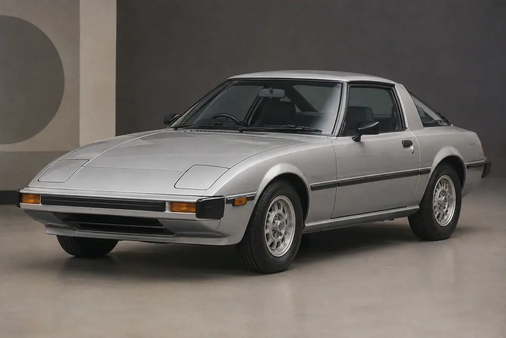 Mazda RX-7 SA22C argent de première génération, photographiée en studio dans une ambiance d’époque.