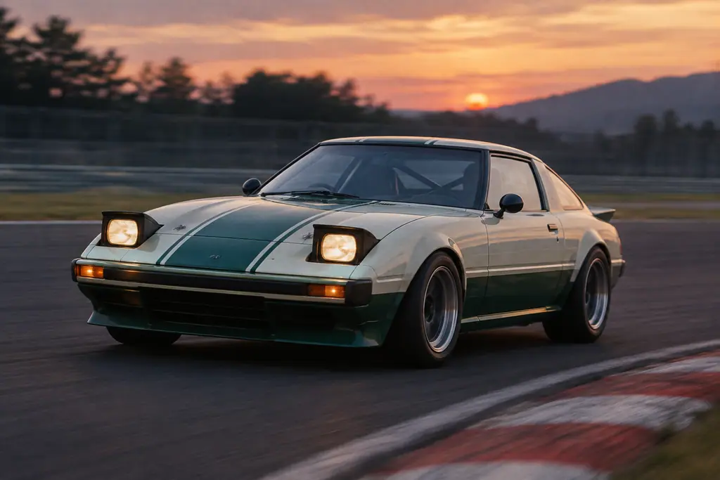 Mazda RX-7 SA22C de première génération préparée pour l’endurance, en piste au crépuscule.